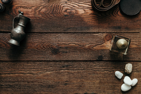 Vintage things on old wooden deskの写真素材