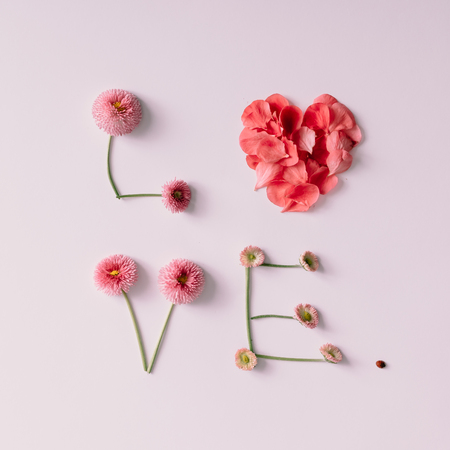 "Love" made of flowers and petals on white background. Love concept. Flat lay.の写真素材