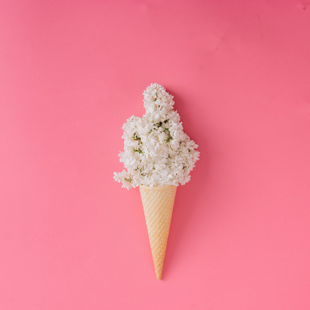 Lilac flower in ice cream cone on pink background. Minimal concept. Flat lay.の写真素材