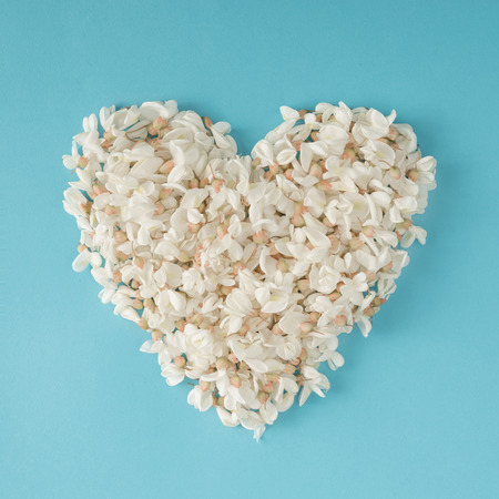 Heart made of white flowers. Flat lay. Love concept.の写真素材