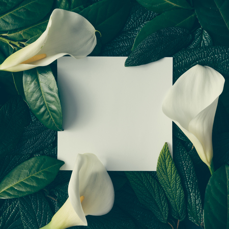 Creative layout made of green leaves and white flowers with paper card note. Flat lay. Nature conceptの写真素材