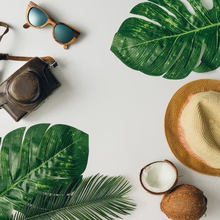 Creative  tropical summer travel layout. Flat lay.  Vacation concept.の写真素材
