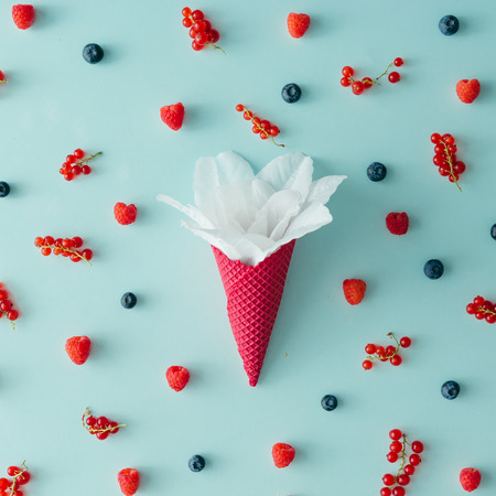 White flower in ice cream cone with forest fruit pattern. Flat lay. Summer concept.の写真素材