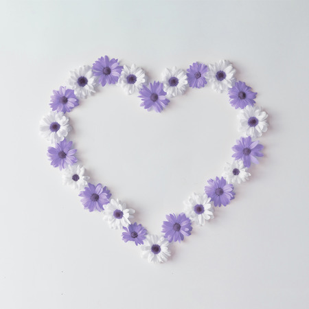Heart shape made of violet and white daisies. Flat lay. Valentines concept.の写真素材