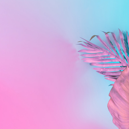 Tropical and palm leaves in vibrant bold gradient holographic colors. Concept art. Minimal...