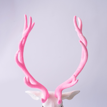 White reindeer with glitter pink antlers. Minimal New Year or Christmas background concept.の写真素材