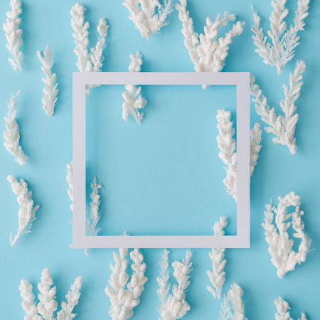 Composition of snowy Christmas tree branches on pastel blue background. Flat lay.の写真素材