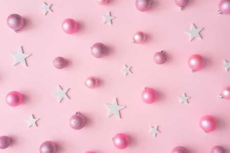 Creative Christmas flat lay design pink pastel color background composition. New Year concept.の写真素材
