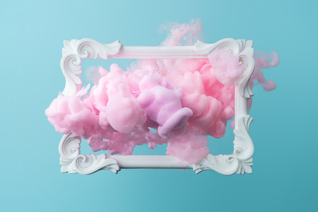 White vintage frame on pastel blue background with abstract pink cloud shapes. Minimal border composition.の写真素材