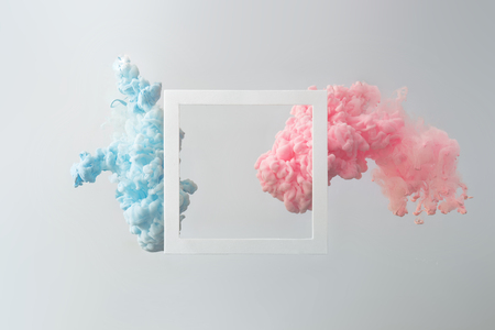 Abstract pastel pink and blue color paint with pastel gray background. Fluid composition with copy space. Minimal natural luxury.の写真素材