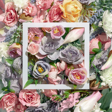 Spring composition made with various flowers with copy space. Creative concept. Flat lay.