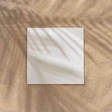 Summer beach day scene with tropical plams shadow on sand background with paper frame copy space. Minimal sunlight tropical flat lay arrangement.の写真素材
