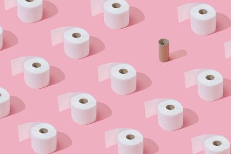 Pattern made of Toilet paper rolls. New Corona virus infection(novel corona virus disease) background. Pandemic panic concept.の写真素材