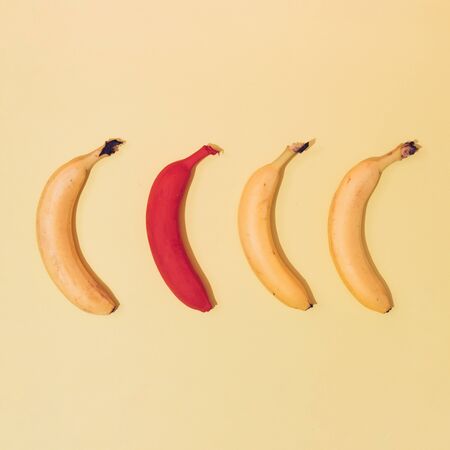 Four bananas against yellow background, one painted in red. Minimal tropical fruit concept.の写真素材