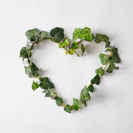 Love valentines or woman's day concept. Heart shape symbol made with natural vine leaves. Minimal flat lay green background. Design or card template.の写真素材