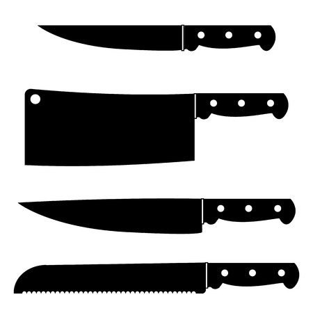 Set of kitchen knives in a black-and-white. illustration. Utility knife, cleaver knife, chef's knife, bread knife. Kitchenware.のイラスト素材