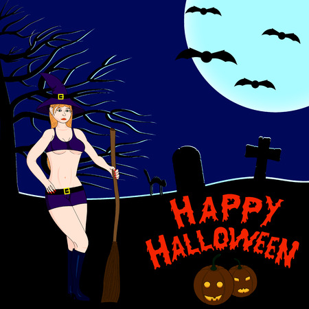 Halloween dark background. Sexy witch. Tombstones in the cemetery in the night sky and a full moon. Jack-o-Lantern.のイラスト素材
