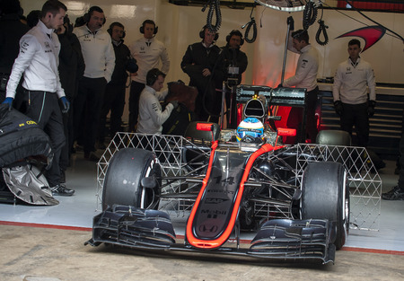 Driver Fernando Alonso Formula One Test Days of 2015 pre-season at Circuit de Barcelona-Catalunya. Montmelo, Spain.のeditorial素材