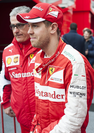 Driver Sebastian Vettel Formula One Test Days of 2015 pre-season at Circuit de Barcelona-Catalunya. Montmelo, Spain.のeditorial素材