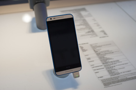 HTC One 820 at Mobile World Congress 2015. March 2-5 2015, Barcelona, Spainのeditorial素材