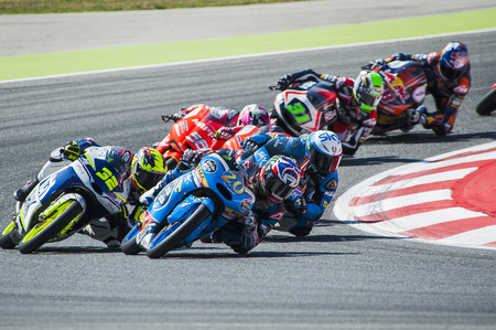 Moto 3 race. GP Monster Energy of Catalunya of MotoGP that celebrates on June 1214 2015 at Circuit de BarcelonaCatalunya in Barcelona Spainのeditorial素材