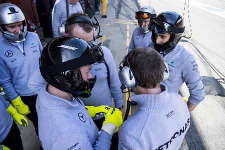 BARCELONA, SPAIN - MARCH 1, 2016: Mercedes Formula One members at Test Days at Catalunya Circuit on...