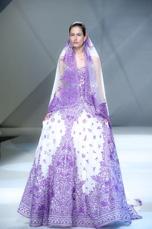 BARCELONA, SPAIN - APRIL 27, 2016: Naeem Khan catwalk during Barcelona Bridal Fashion Week 2016.のeditorial素材