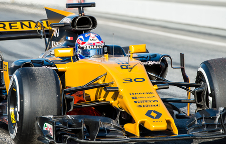 BARCELONA, SPAIN  MARCH 2, 2017: J. Palmer of Renault at Formula One Test Days at Circuit of Barcelona Catalunyaのeditorial素材
