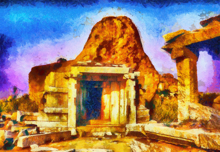 Cave temple tomb ruins in rock twilight oil paintingの写真素材