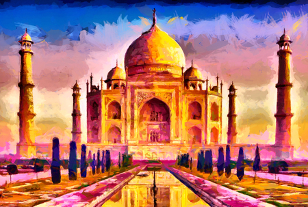 Taj Mahal colorful yellow purple oil paintingの写真素材