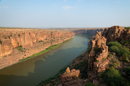 Scenic big canyon with high rock cliffs at Gandikota in Indiaの写真素材