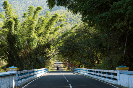 Rider on motorcycle riding through jungle forest across bridgeのeditorial素材