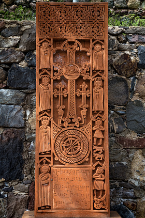 Khachkar rock christian stone cross carved monumentのeditorial素材