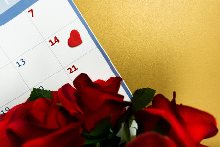 2021 calendar with February 14 marked with a red heart.の写真素材