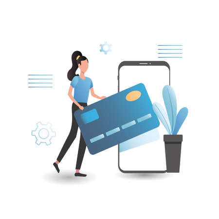 Vector woman with large plastic credit card contactlessly pays for purchases, goods, orders in smartphone. Banking services with successful transaction on mobile phone isolated on white background.のイラスト素材