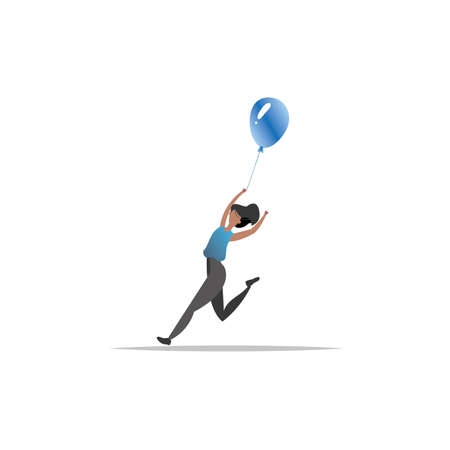 Happy girl or woman with balloon. Woman is jumping. Picture for sites and applications. Blue and cyan background.のイラスト素材