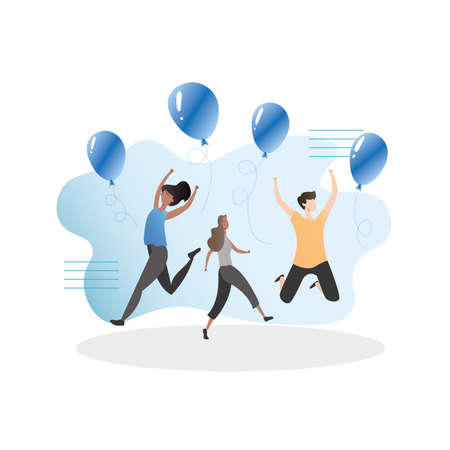 Successful, happy, joyful group, company of people, friends are jumping in balloons for joy, victory, dancing at holiday, party. Meeting of good acquaintances.のイラスト素材