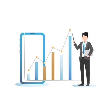 Businessman, an office worker in suit analyzes growth chart, project on smartphone in an application, develops successful strategy, shows presentation, report, sales growth points with a pointer.のイラスト素材