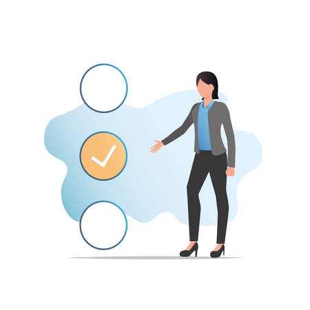 Vector woman in business suit chooses, puts tick, mark in choice, list, shows with her hand to an answer, an opinion, passes test, questionnaire, votes.のイラスト素材