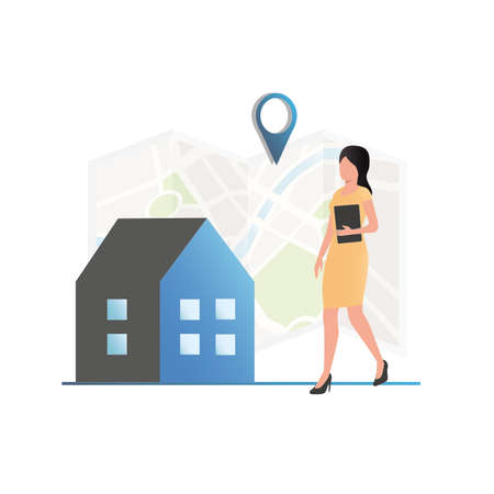 Vector woman with smartphone, tablet walks on navigator, map, to destination, paved way, direction by gps in the application. Tourism, excursion in city.のイラスト素材