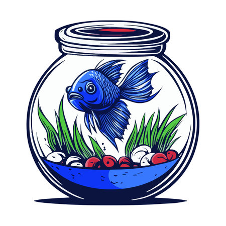 Colorful Goldfish in Round Aquarium with Plantsのイラスト素材