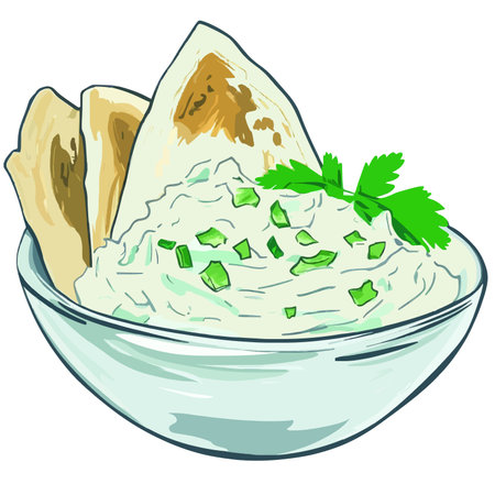 Creamy Dipping Sauce with Flatbread and Herbsのイラスト素材