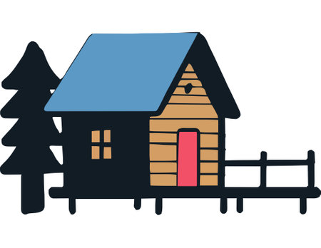 Wooden House and Tree in Outdoor Landscape Sceneのイラスト素材