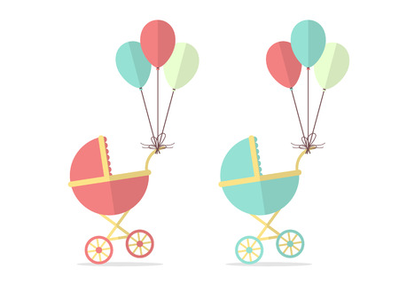 Baby Stroller for Boy and a Girl with Balloons. Flat Design Style.のイラスト素材