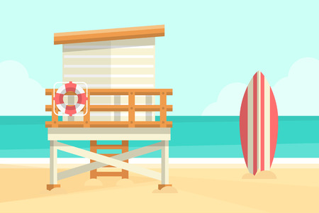 Beach Background with Lifeguard Tower and Surfboard. Flat Design Style.のイラスト素材
