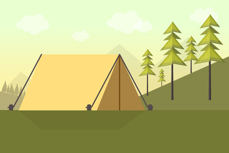Camping Background with Mountains, Trees and Tent. Flat Design Style.のイラスト素材
