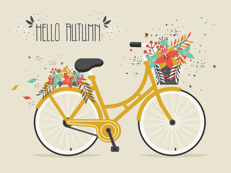 Hello Autumn. Golden Bicycle with Decorative Hand Drawn Flowers and Leaves.のイラスト素材