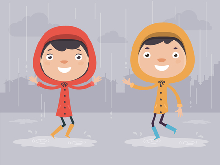 Boy and Girl in Raincoats Playing in the Rain. Flat Design Style.のイラスト素材