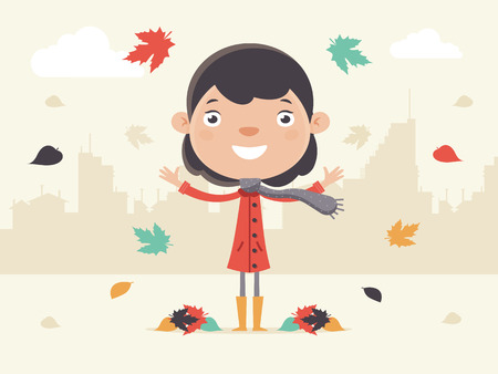 Smiling Girl in Red Coat Standing in the Street on an Autumn Day with Leaves Falling. Flat Design Style.のイラスト素材
