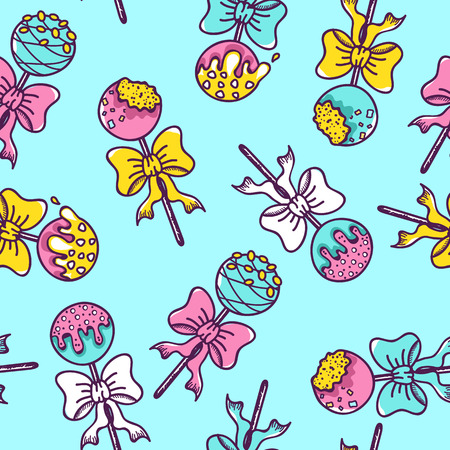 Seamless Pattern of Colorful Cake Pops on Blue Background.のイラスト素材